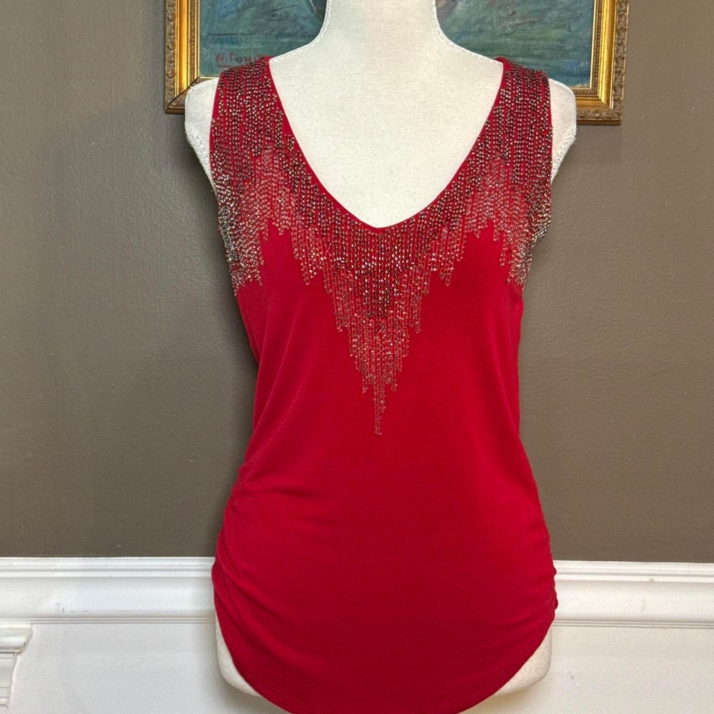 Y2K XOXO Red Metallic Beaded Ruched Tank Top Size Small